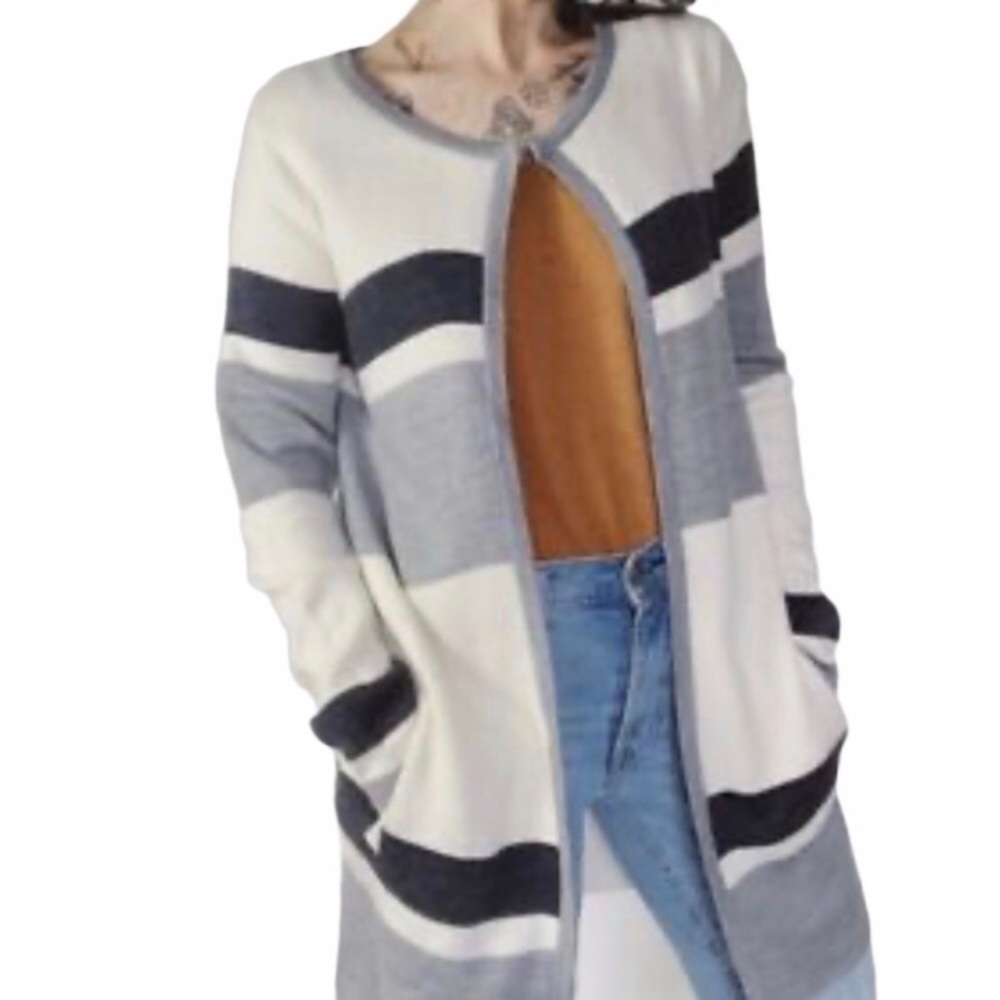 Adrienne Vittadini Open Front Striped Cardigan Size Small Gray Coatigan